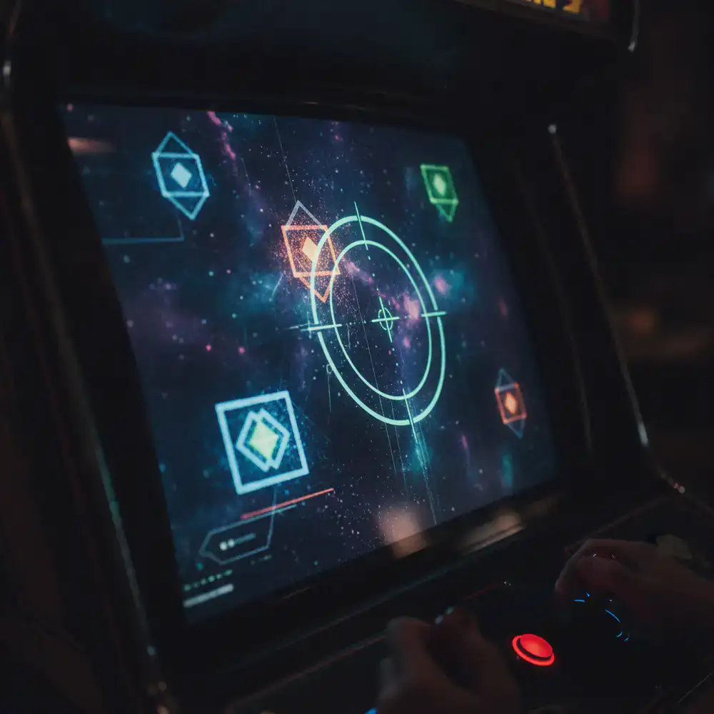 Interface do jogo mostrando a mira arcade sobre múltiplos alvos brilhantes