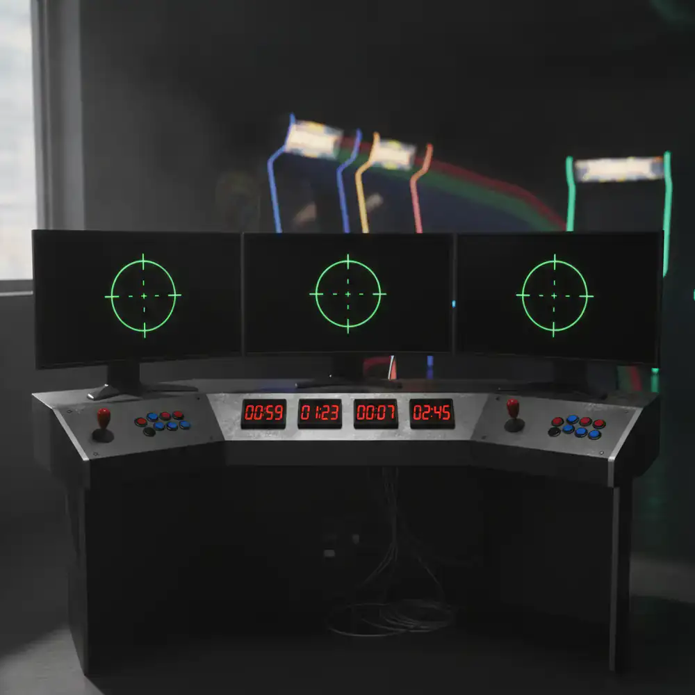 Setup de testes com monitores focados em mira e cronômetros arcade