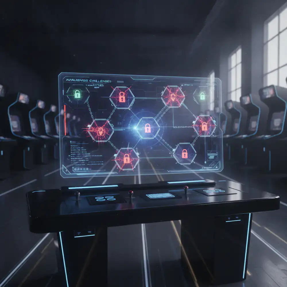 Arte conceitual mostrando interface avançada com desafios travados